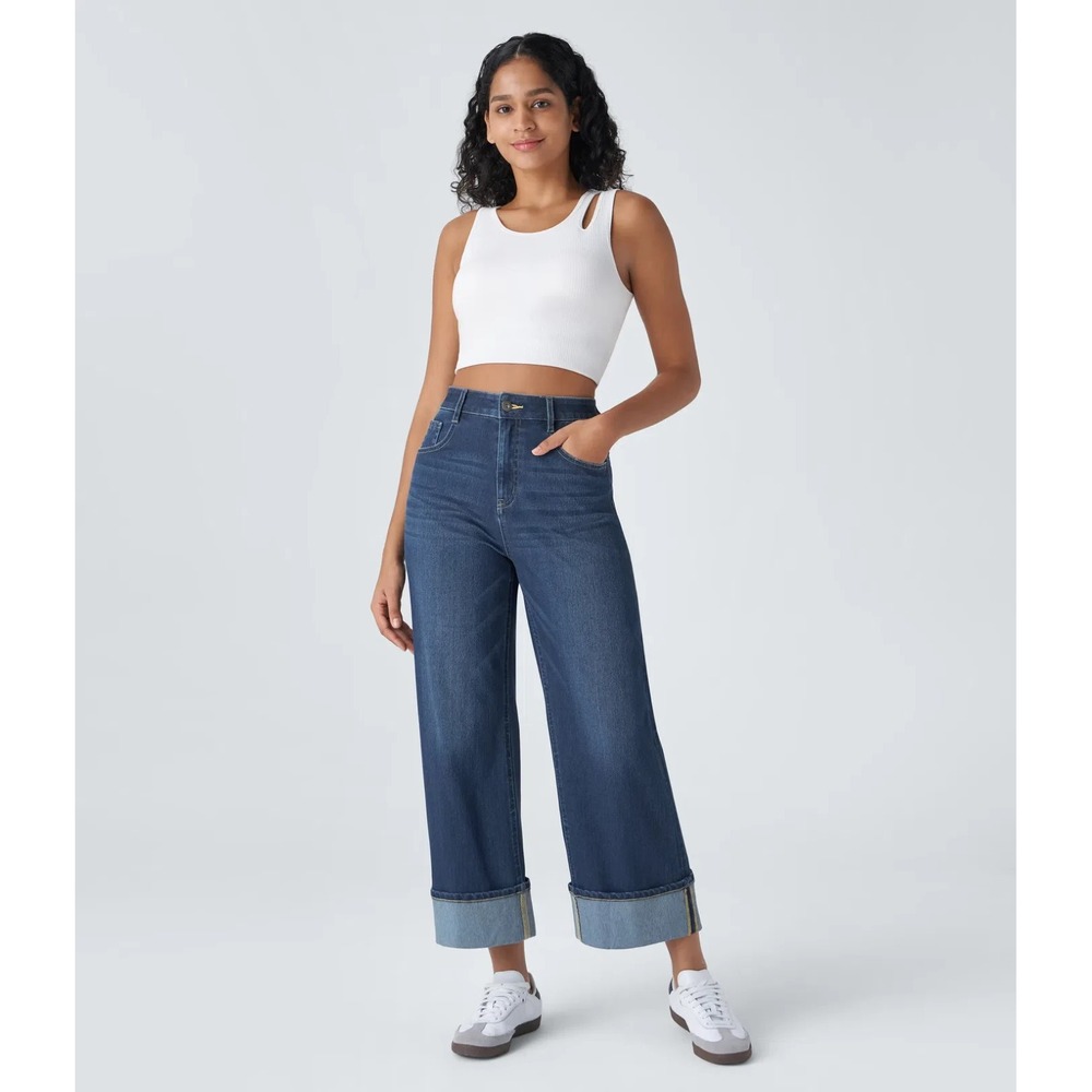 Halara Flex High Waisted Pockets Rolled Hem Wide Leg Washed Casual Jeans Med Reg